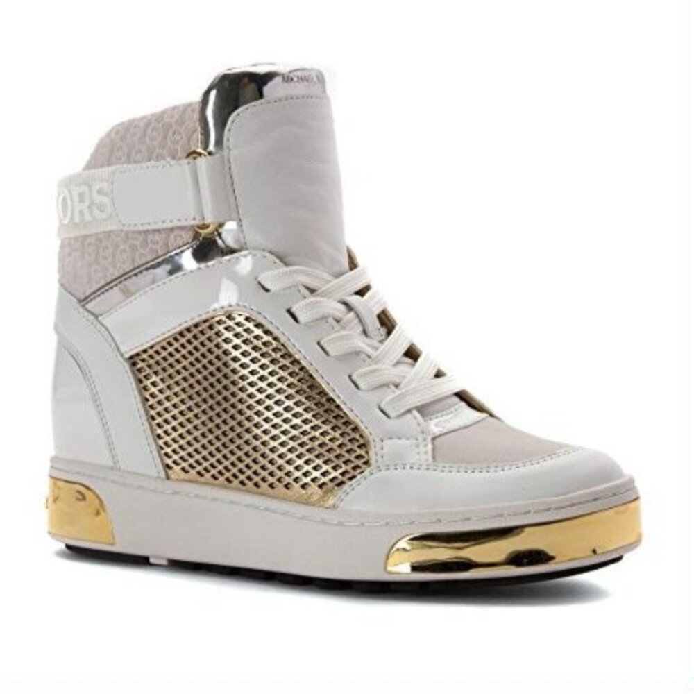 Michael Kors STATEMENT SNEAKERS MK TRAINERS PIA HIGH TOP WHITE LEATHER GOLD 8.5